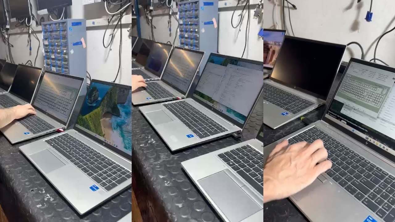 Laptopuri de firmă verificate pe bancul de lucru din atelierul CIT Grup, înainte de evaluare