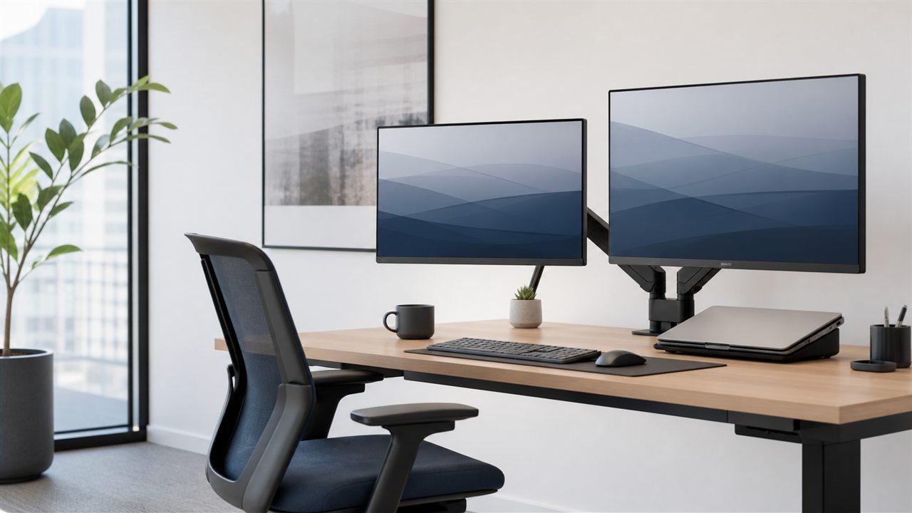Post ergonomic de birou cu monitoare profesionale de 24 și 27 inch