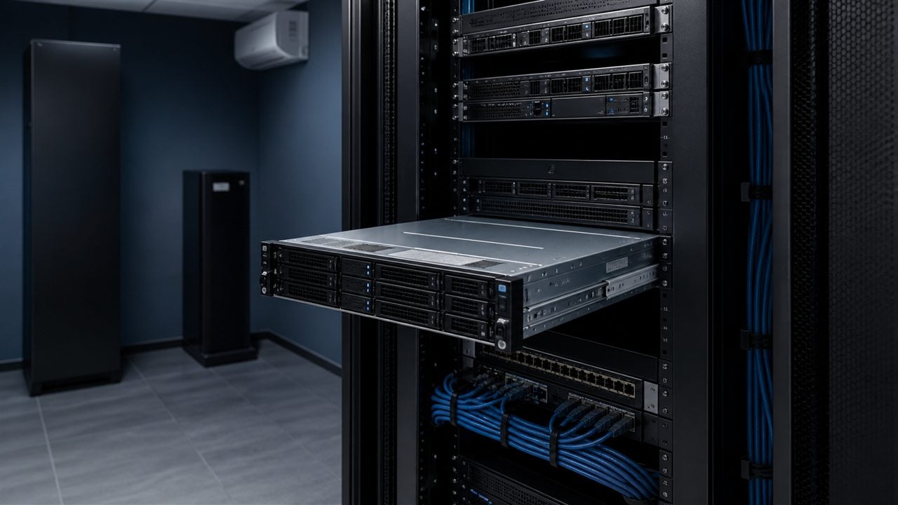 Server rack business într-o cameră tehnică organizată și pregătită pentru redundanță