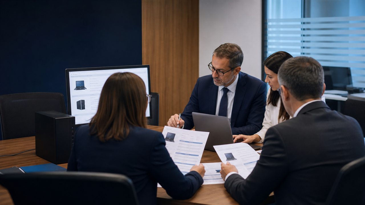 Echipă de achiziții analizând documentația și configurațiile pentru echipamente IT
