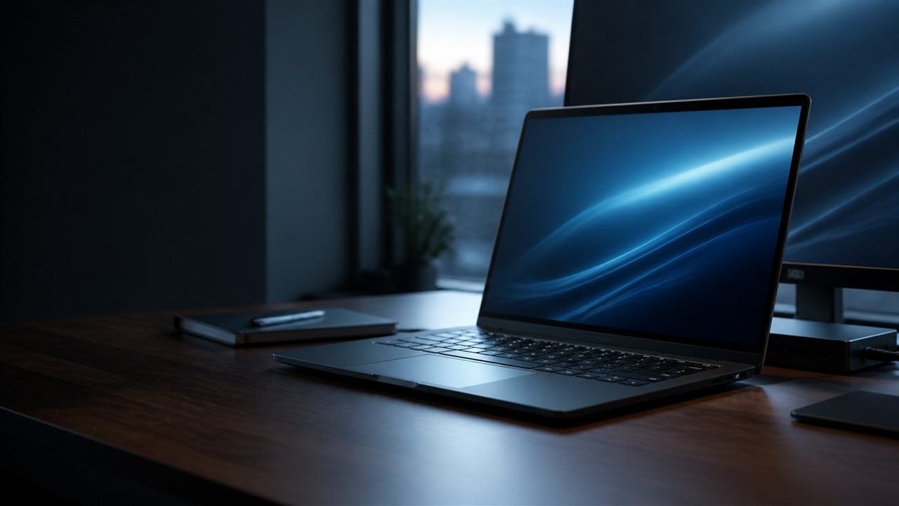 Laptop business refurbished într-un post de lucru modern cu docking și monitor extern
