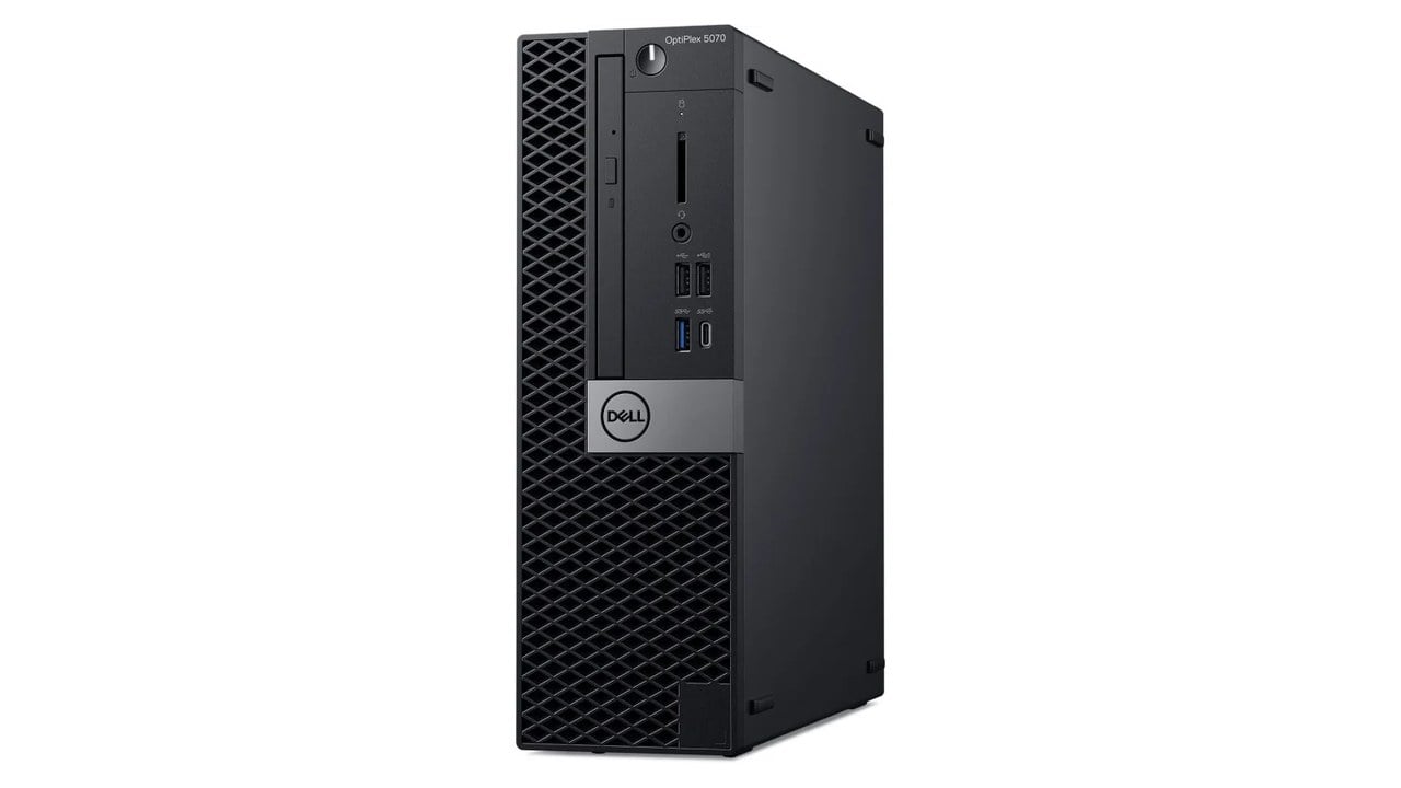 Calculator Dell OptiPlex în carcasă SFF, văzut din față și din laterală, pe fundal alb