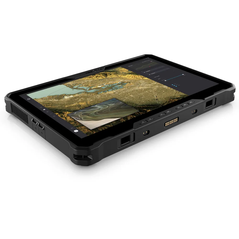 Tableta Dell Latitude 7230 Rugged Extreme văzută dintr-o parte, cu capacele porturilor