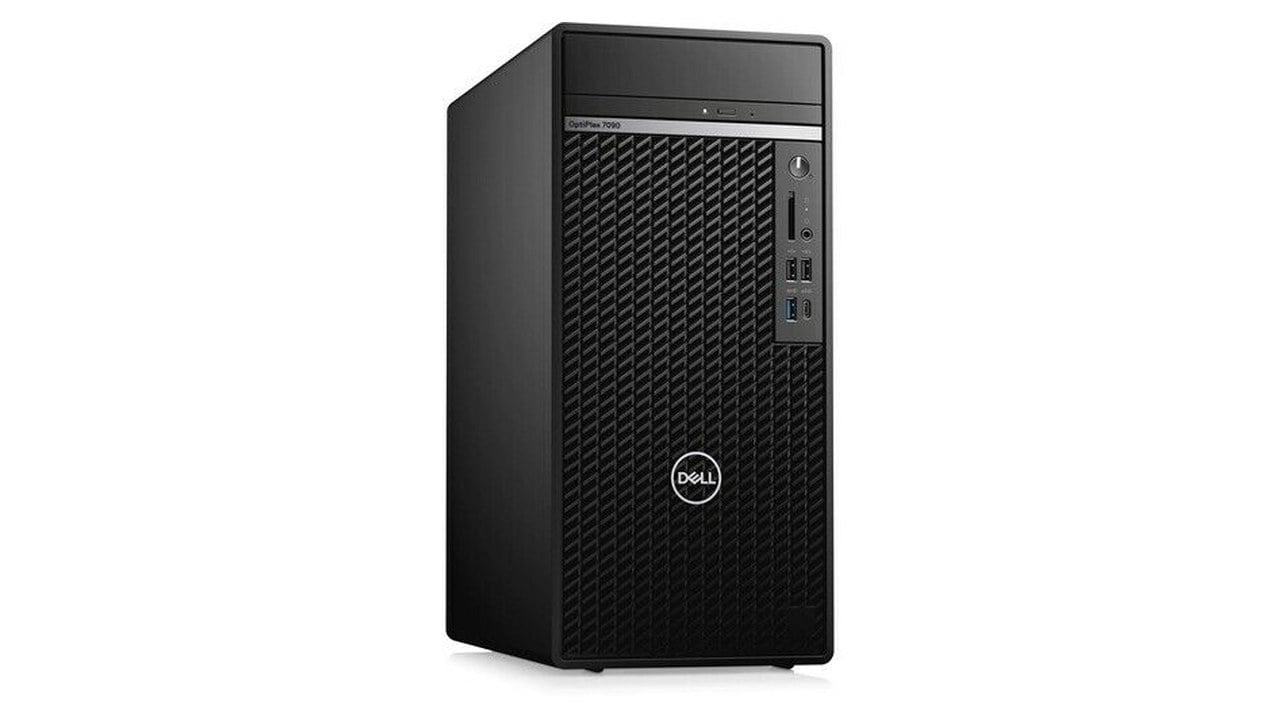 Calculator Dell OptiPlex 7090 în carcasă tower, văzut din față, cu porturile și unitatea optică vizibile