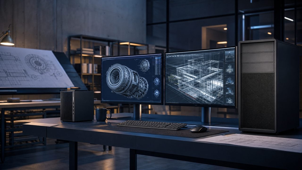 Stație de lucru profesională cu două monitoare pentru CAD și modelare 3D